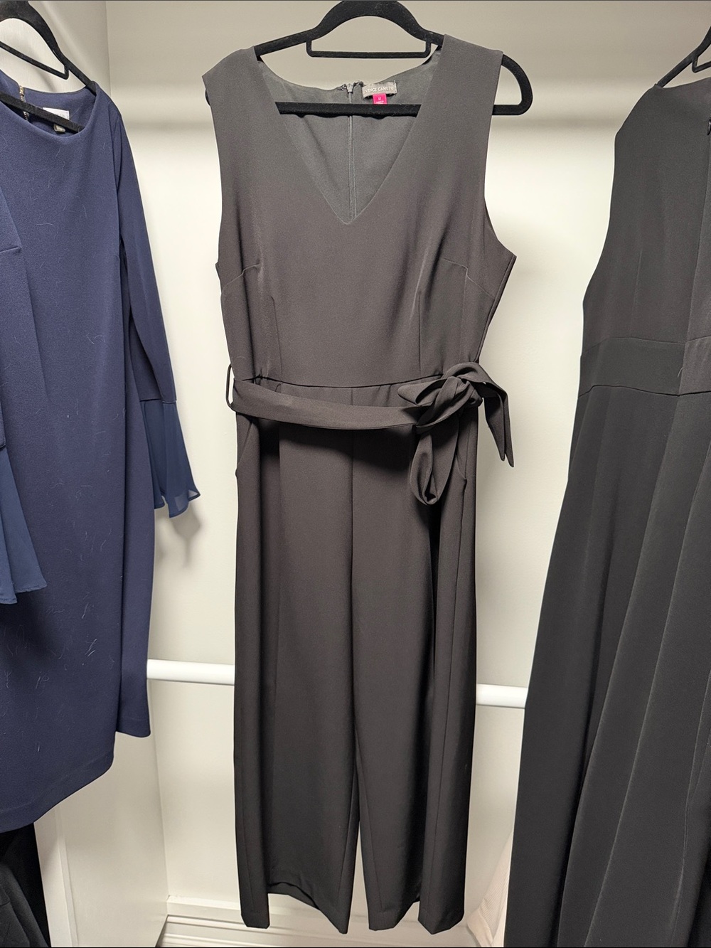 Vince Camuto Black Sleeveless V-Neck Midi Jumpsuit with Tie Belt